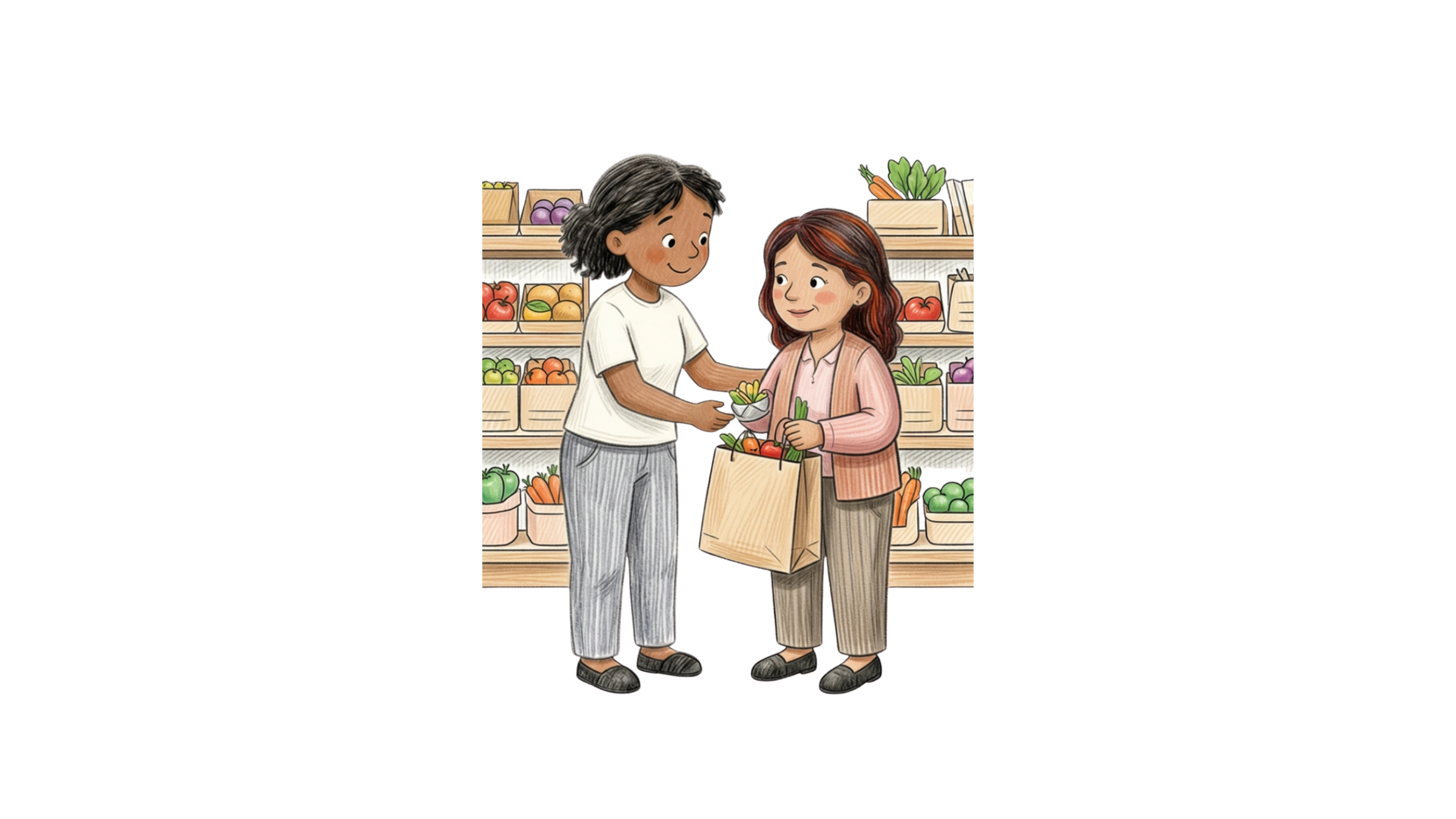 Two women shopping for vegetables at a grocery store, one handing vegetables to the other.