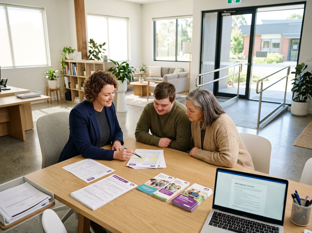 Three people sitting at a wooden table in a bright, modern office, engaged in a discussion with documents, brochures, and a laptop on the table.