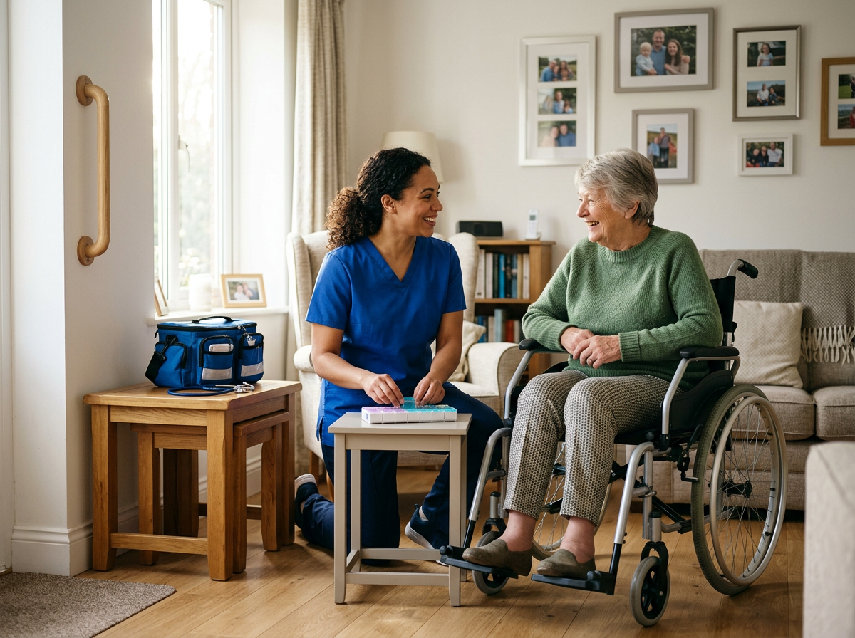 A nurse in blue scrubs talking with an elderly woman in a wheelchair in a living room decorated with family photos.
