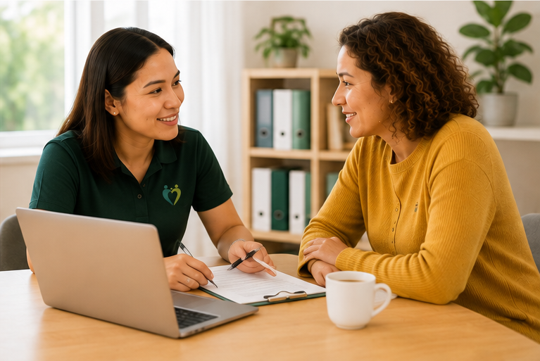 Two women sitting at a table, talking, with a laptop, notebook, pen, cup, and bookshelf in the background.