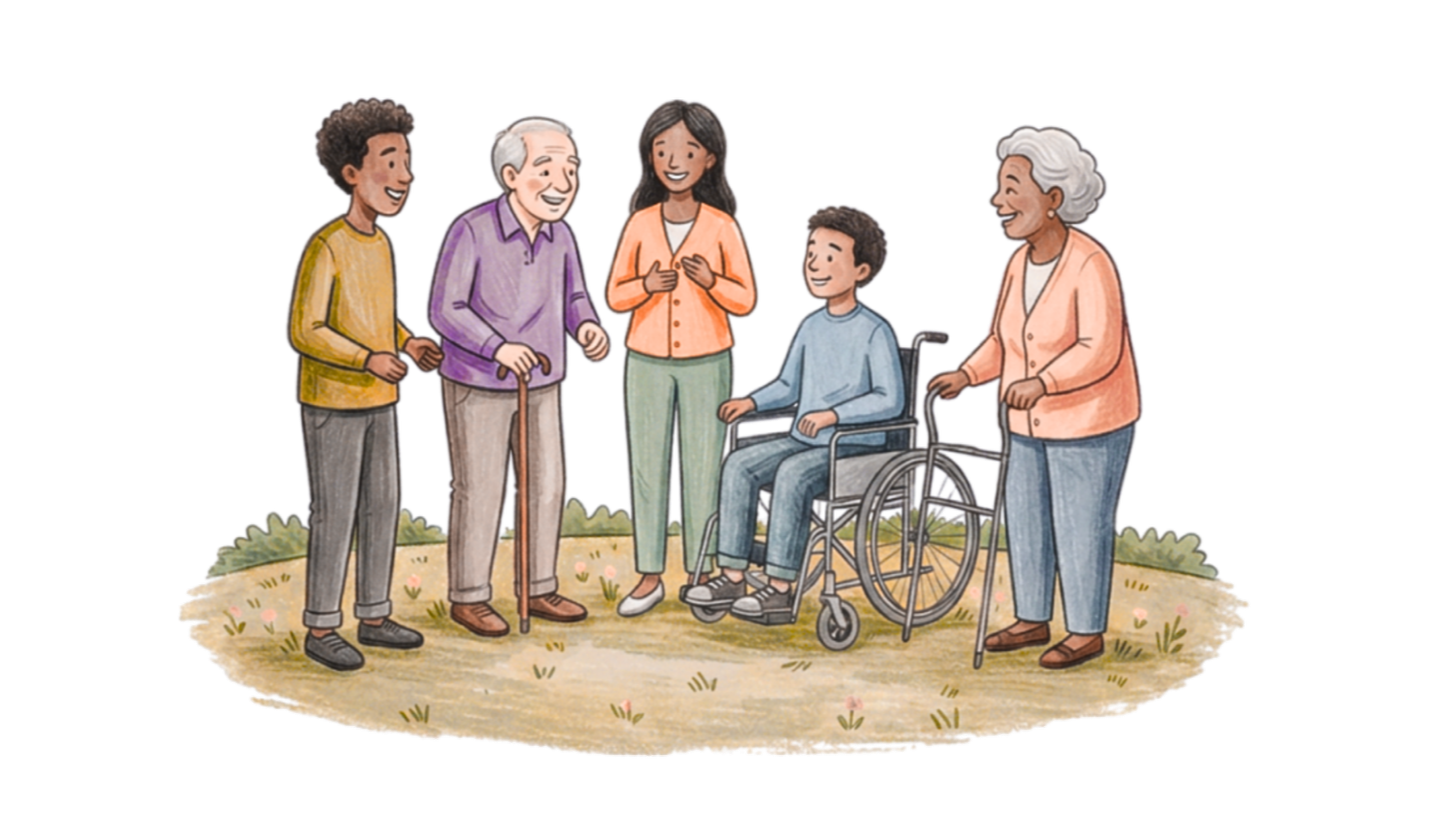 A diverse group of five people, including an elderly man and woman, a woman, a young boy, and a young man, are standing outdoors on grass. They are smiling and talking, with the elderly man and woman using walking aids. The young boy is in a wheelchair, and everyone appears happy and engaged.