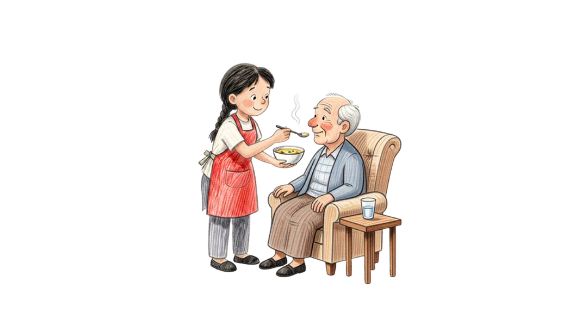 A young girl with dark hair in a braid, wearing a white shirt and red apron, is feeding an elderly man with white hair, sitting in a beige armchair. The elderly man has a happy expression, and there is a glass of water on a small table beside him.