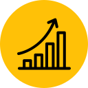 Yellow circular icon with a black upward-trending line graph and bar chart