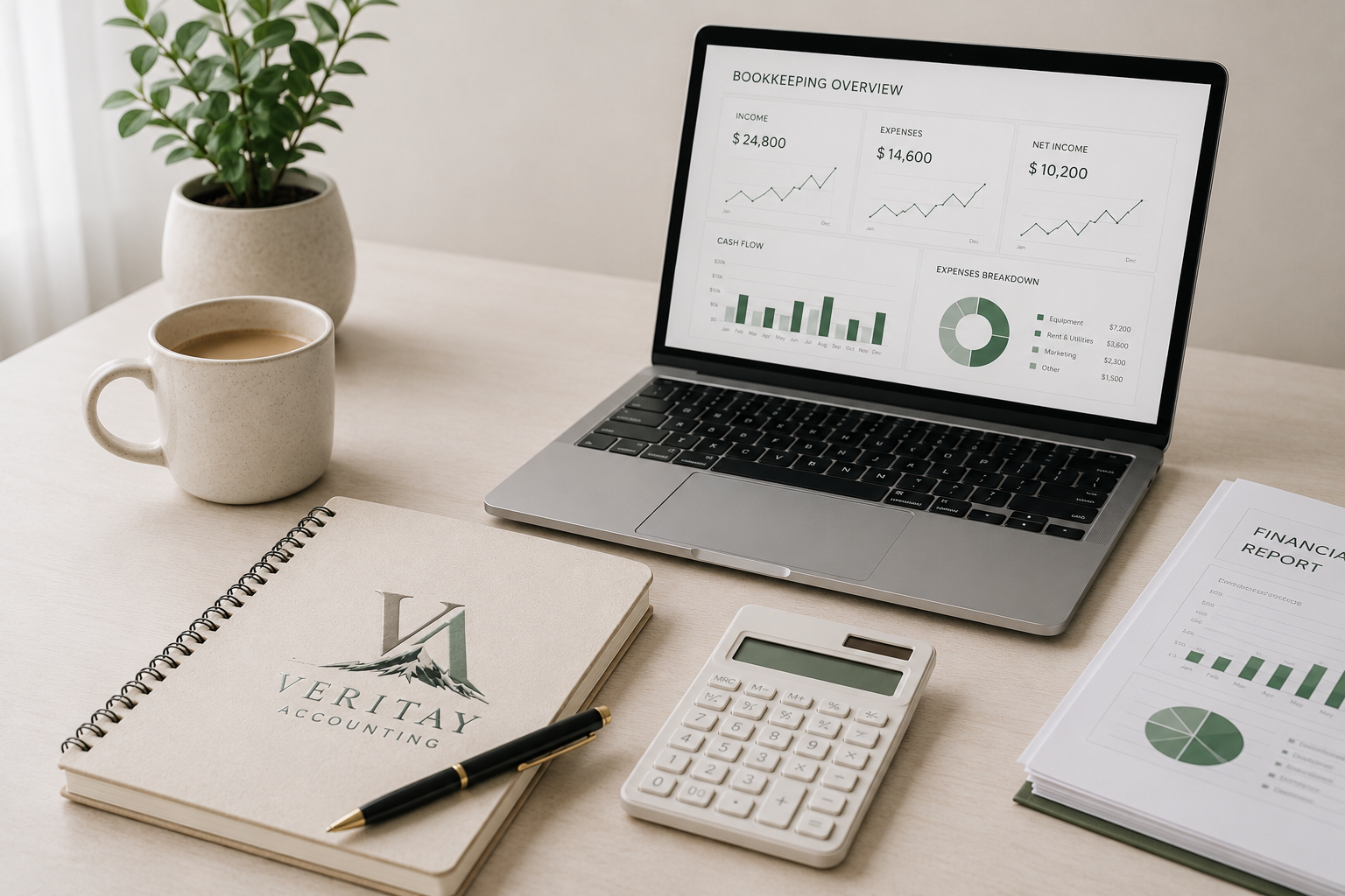 Desk with laptop displaying bookkeeping data, financial report, notebook with Veritay Accounting logo, pen, calculator, coffee cup, and potted plant.