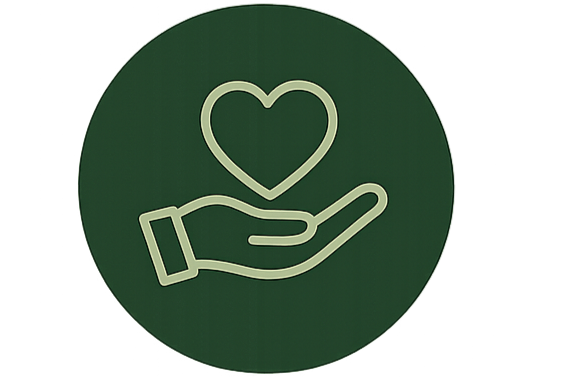 Icon of a hand holding a heart inside a green circle.