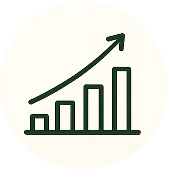 A green upward graph with increasing bar heights and an arrow indicating growth.