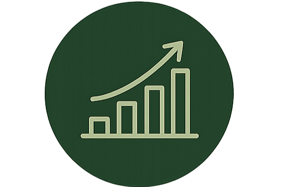 Green circle with a white upward trending bar graph and arrow