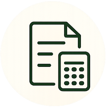 Icon of a document and a calculator in green outline.