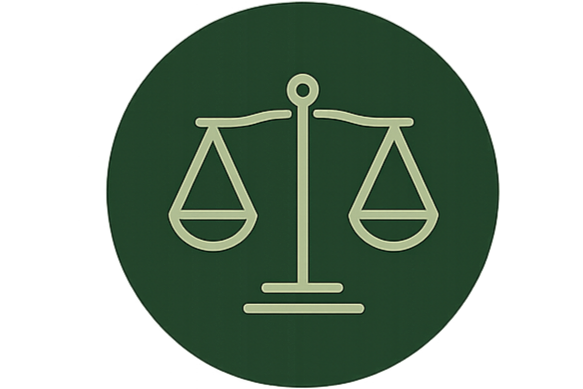 Icon of a balanced scale on a green circular background.