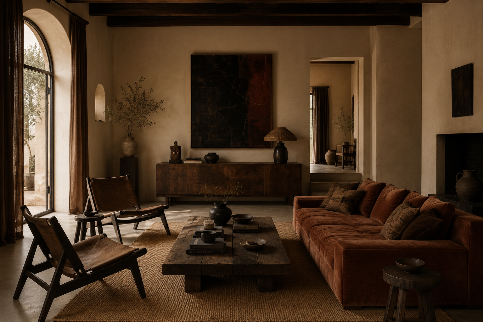 Living room with brown sofa, wooden chairs, a wooden coffee table, a large abstract painting on the wall, vases, and a lamp. Natural light coming through large glass doors with brown curtains.