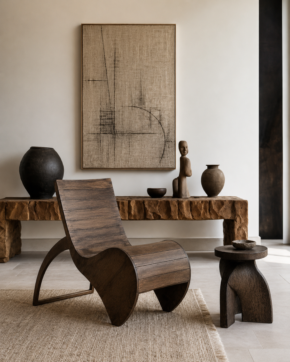 Interior space featuring a wooden chair, a rustic wooden side table, and a long wooden console with pottery and sculpture decor, with a large abstract artwork on the wall.