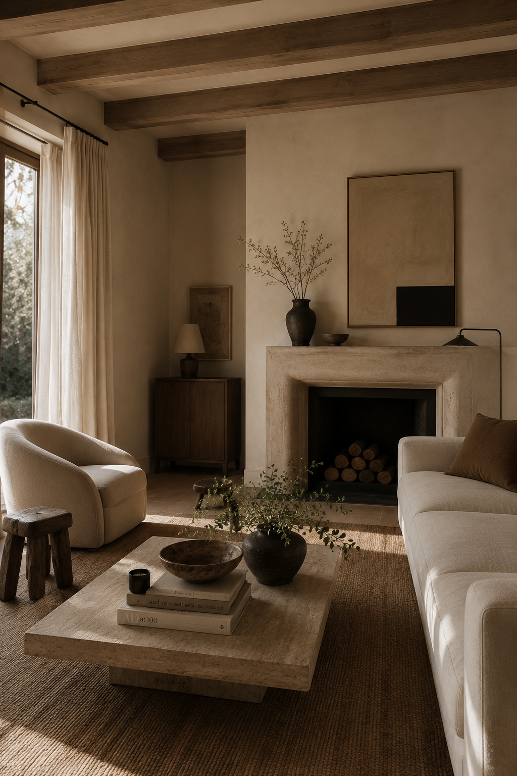 A cozy living room with a fireplace, beige sofa, white armchair, wooden coffee table with decorative books and a plant, and natural light streaming through large curtains.