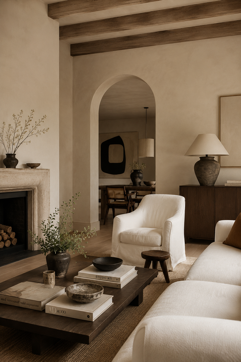 A cozy living room with neutral-colored furniture, a fireplace with wood logs, a dark wooden coffee table with books and bowls, a white armchair, a cream-colored sofa, a sideboard with a large table lamp, and decorative vases with plants. In the background, there is an archway leading to a dining area with a dining table and chairs.