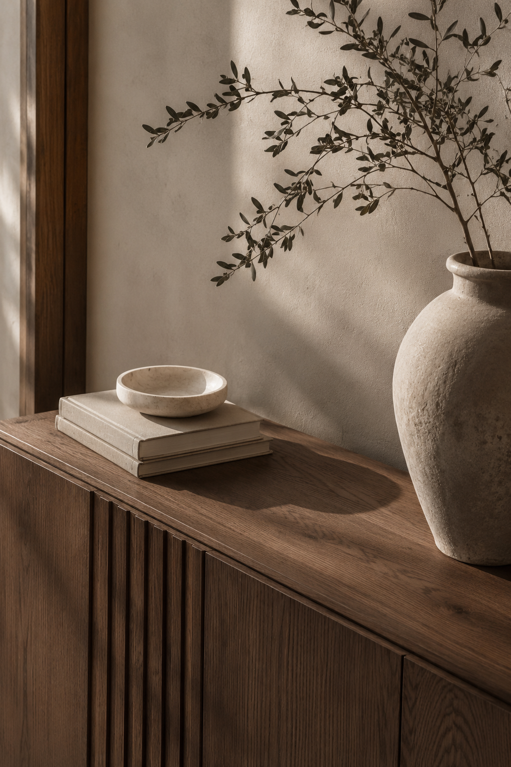 A wooden sideboard with a beige book, a marble bowl, and a large ceramic vase with branches and leaves, with sunlight casting shadows on the wall.