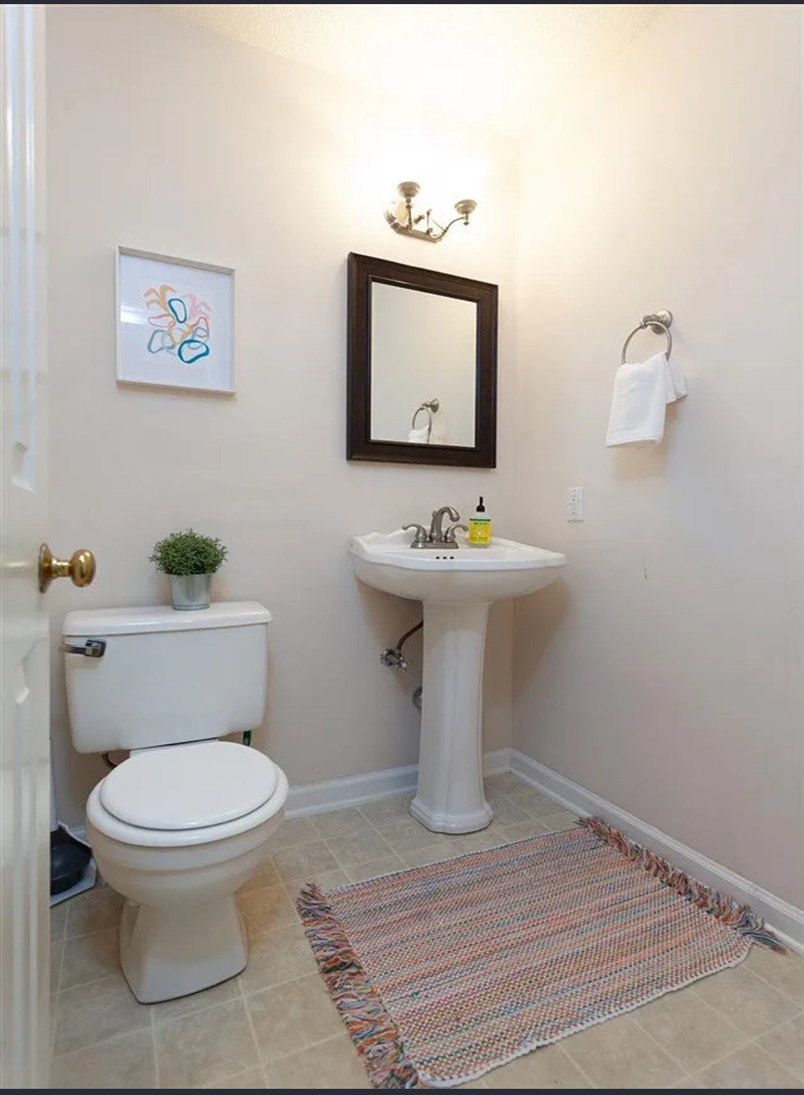 A small bathroom with beige walls, a white toilet with a small green plant on top, a white pedestal sink with a mirror above, a wall-mounted towel ring with a white towel, a brown-framed mirror, a colorful framed artwork, a rug with fringe, and a ceiling light fixture.