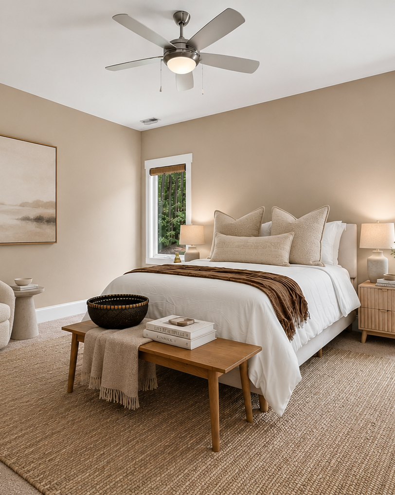 A cozy bedroom with a white bed, beige bedding and pillows, wooden nightstands with lamps, a small wooden bench with books and a black basket, a window with greenery outside, and a ceiling fan.