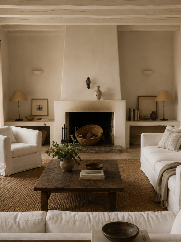 A cozy living room with a fireplace, two white sofas, a wooden coffee table, and neutral decor.