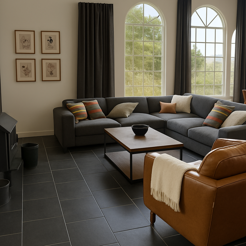 Living room with a gray sectional sofa, brown leather armchair, coffee table, framed art on the wall, large arched windows with dark curtains, and decorative pillows.