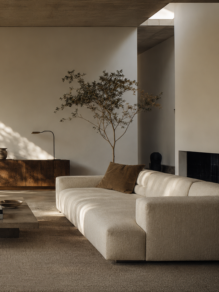 Minimalist living room with beige sectional sofa, brown pillow, wooden sideboard, potted tree, and sunlight casting shadows.