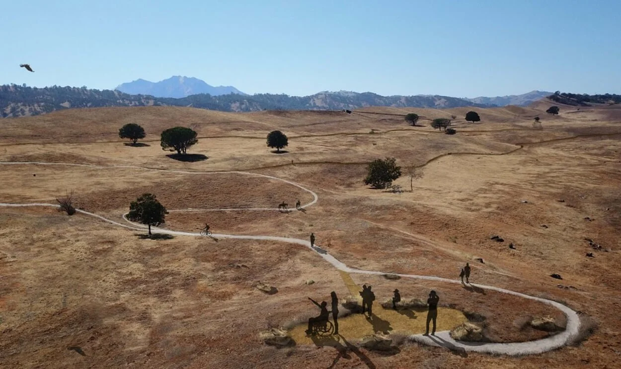 Aerial view rendering of trails and oak grassland at Roddy Ranch with visitors