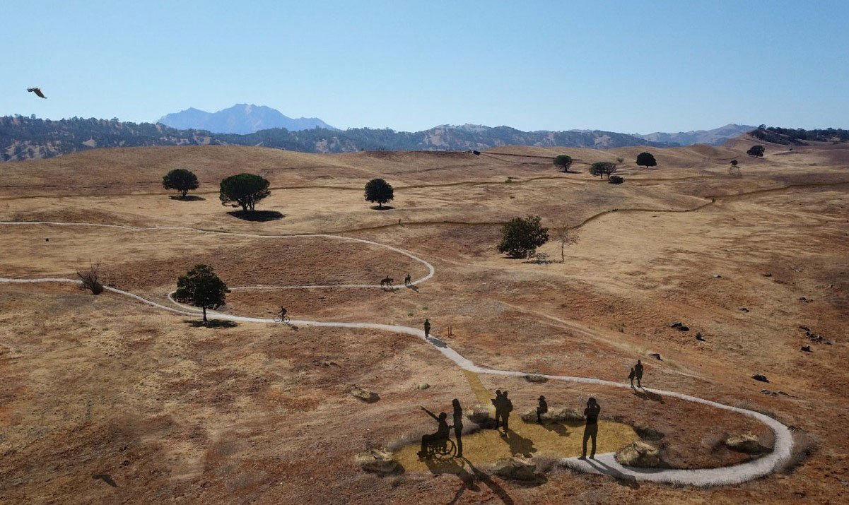 Aerial view of trails and dry grassland at Roddy Ranch with visitors