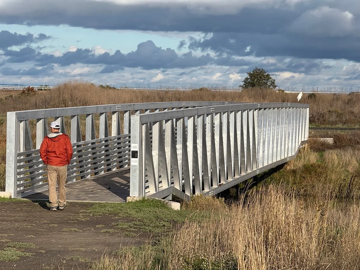 Hiker crossing the steel footbridge over a marsh channel at Pacheco Marsh