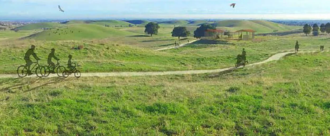 Rendering of cyclists riding trails across the green rolling hills of Roddy Ranch