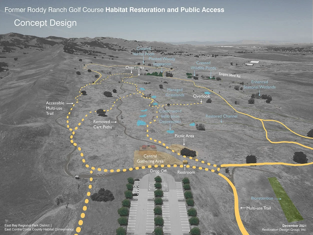 Bird's-eye concept plan for habitat restoration and public access at Roddy Ranch