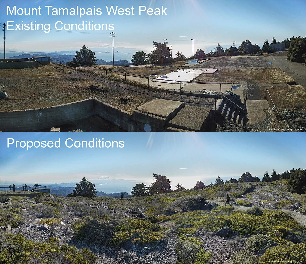 Before-and-after views of the Mount Tamalpais West Peak restoration