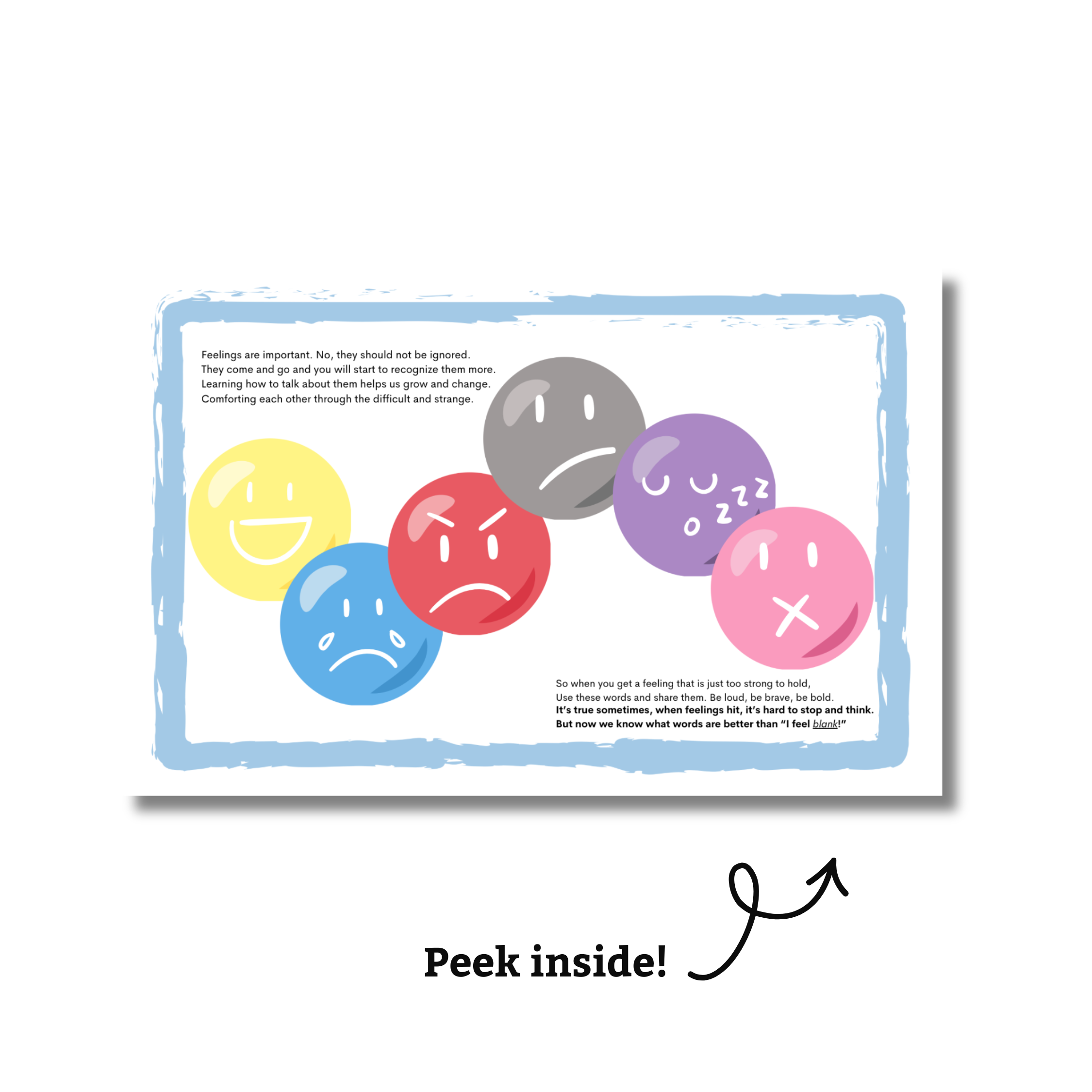 Partially visible illustration of colorful smiley and sad face emojis, with text about feelings and communication, surrounded by a blue border, and a message that says 'Peek inside!'