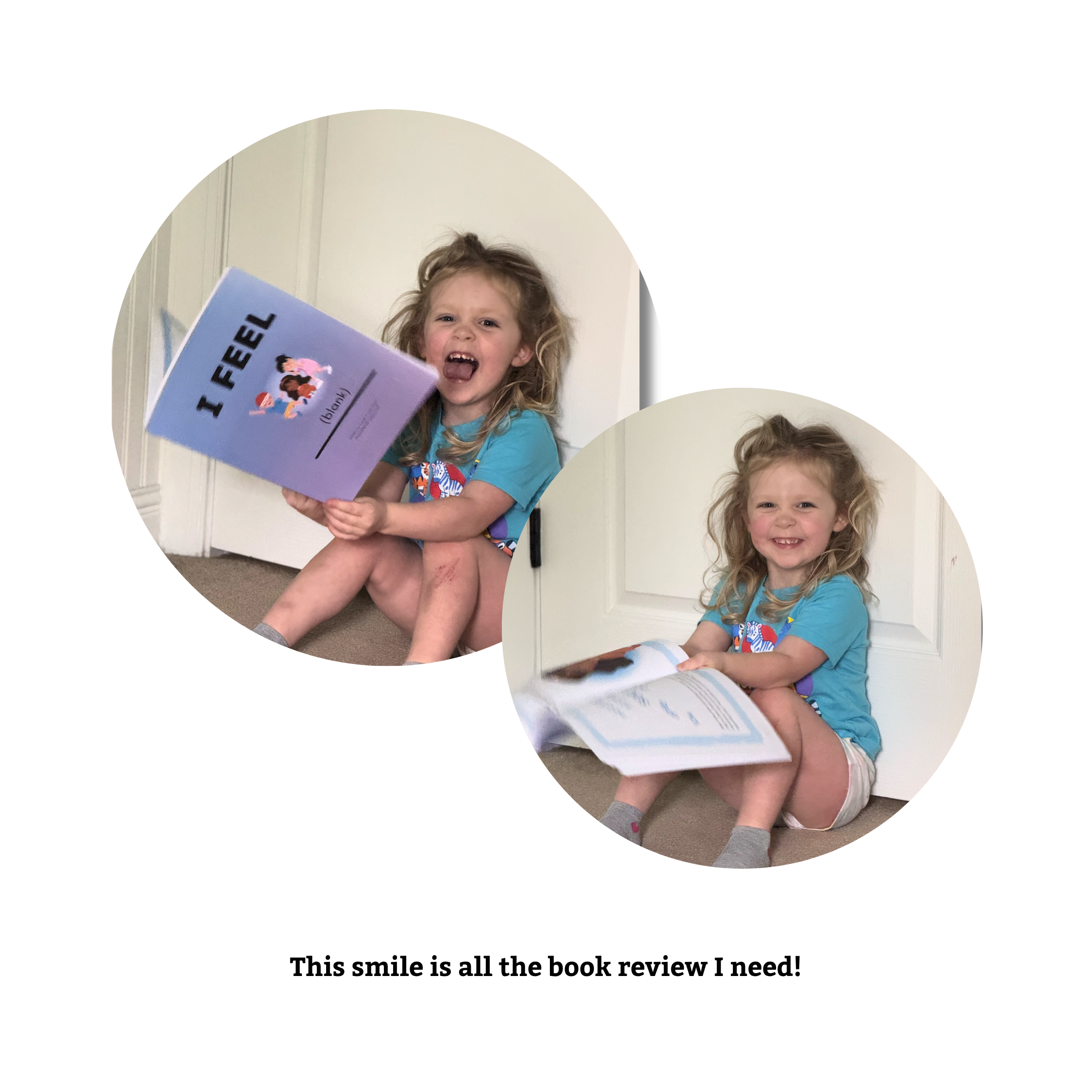 A young girl with curly blonde hair smiling and holding a book, standing against a white wall. The caption reads, 'This smile is all the book review I need!'