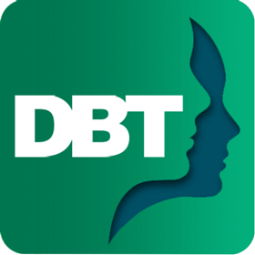 Logo for DBT, featuring a silhouette of a woman's face and profile with a green gradient background.