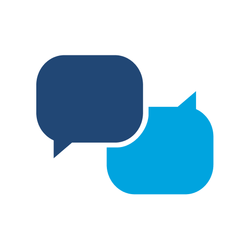Two overlapping speech bubbles, one dark blue and one light blue, representing a conversation or dialogue.