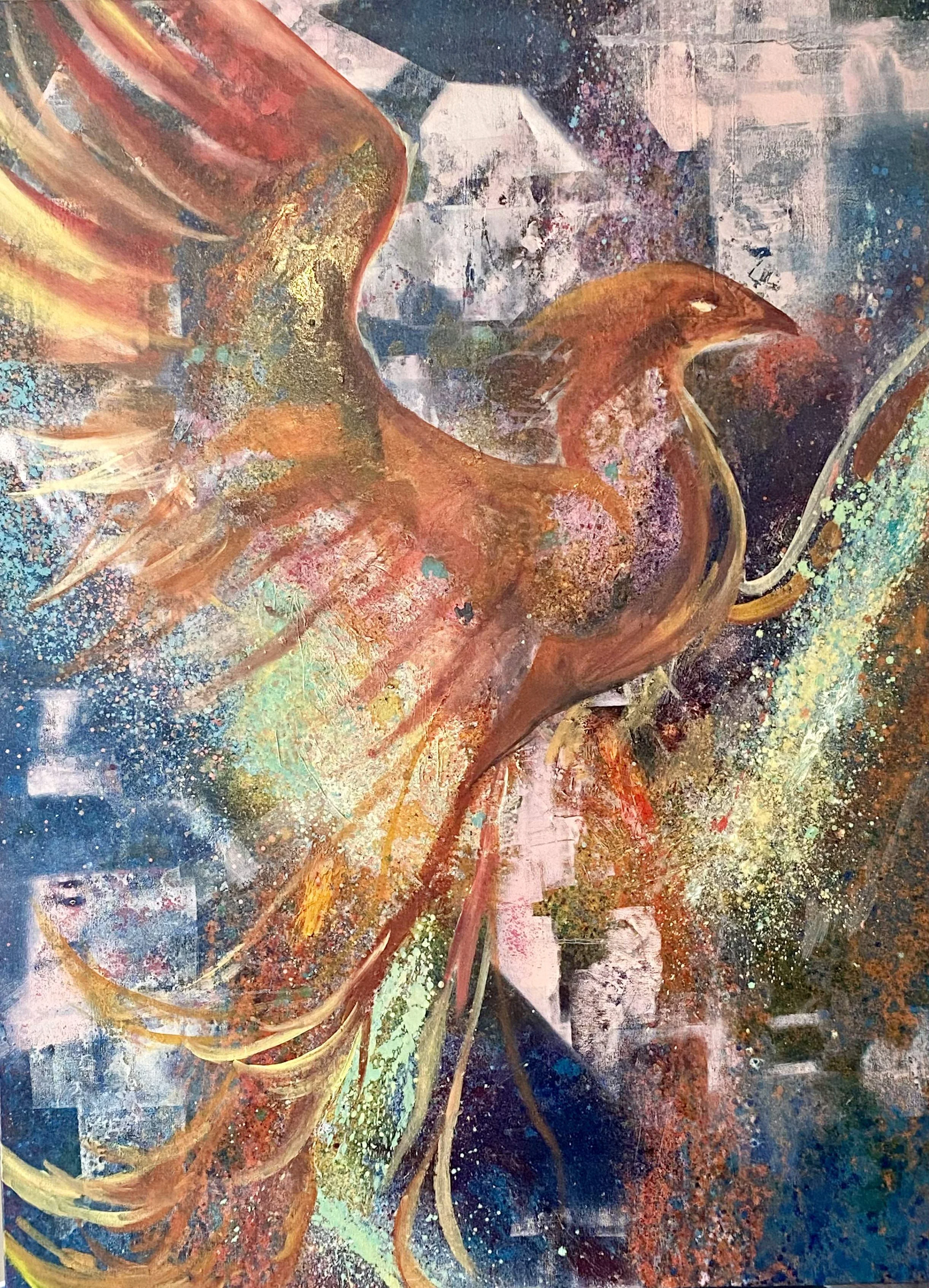 Abstract painting with swirling lines and splashes of bright colors including reds, oranges, yellows, and blues. Painted Art by Art Therapist Stephanie Vogel in California