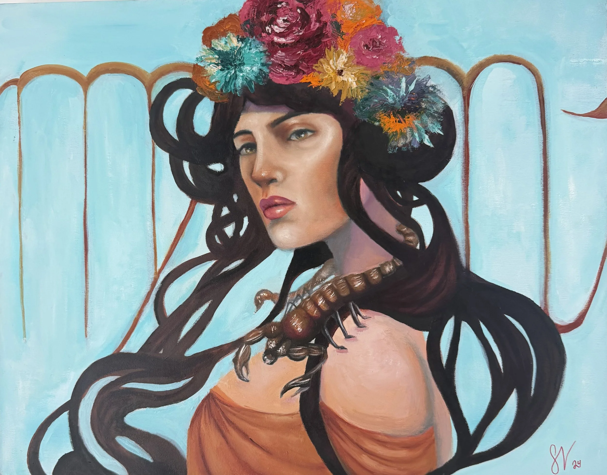 A portrait of a woman with long, dark hair and blue eyes, adorned with a vibrant floral headdress with pink, orange, yellow, and blue flowers, set against a light blue background with abstract curved lines. Painted Art by Art Therapist in California.