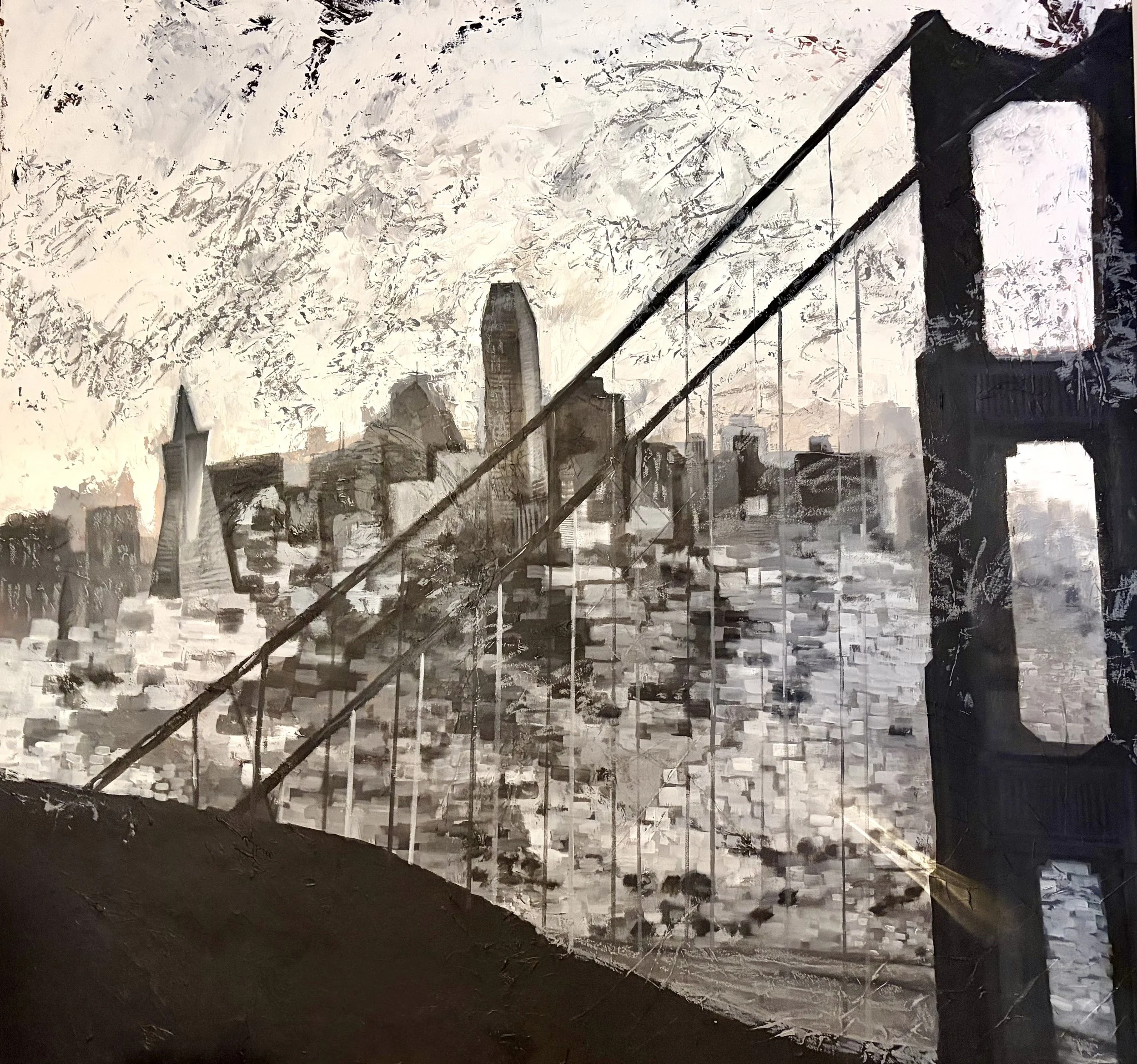 Abstract painting of cityscape with dark silhouettes of buildings and a staircase with railing, painted in shades of black, white, and gray. Painted Art by Art Therapist Stephanie Vogel in Redwood City, California.