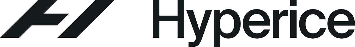 Logotipo de la marca Hyperice con letras negras junto a un símbolo diagonal negro.