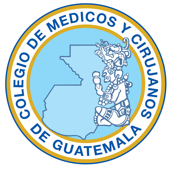 Logotipo del Colegio de Médicos y Cirujanos de Guatemala, con un mapa del país y una figura indígena con instrumentos tradicionales.