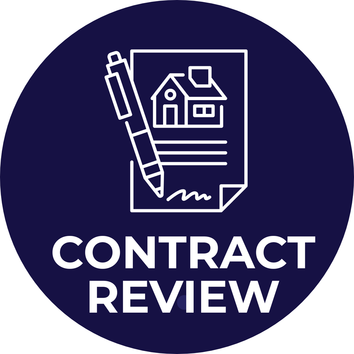 A dark blue circular icon with a white outline of a house plan, a pen, and lines of text, with the words "CONTRACT REVIEW" in white capital letters below.