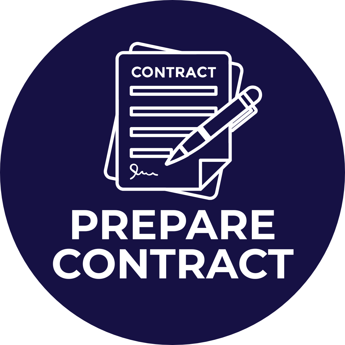 Icon of a contract with a pen signing it, and the words 'PREPARE CONTRACT' below, set against a dark blue circular background.