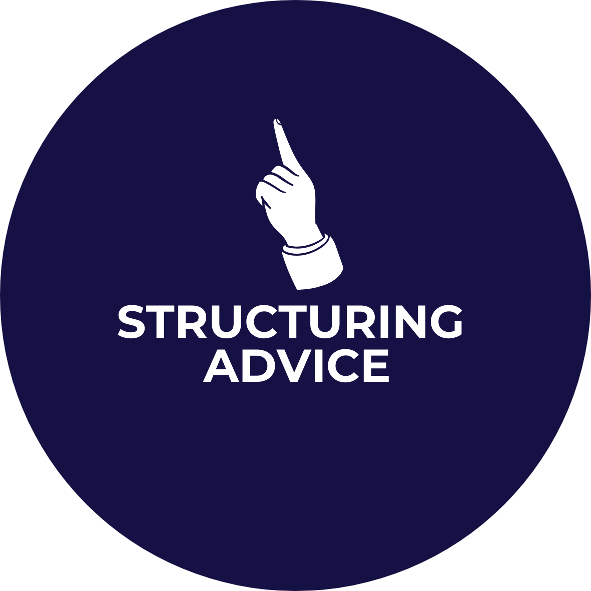 A navy blue circular badge with a white hand illustration pointing upward and the text 'Structuring Advice' written below.