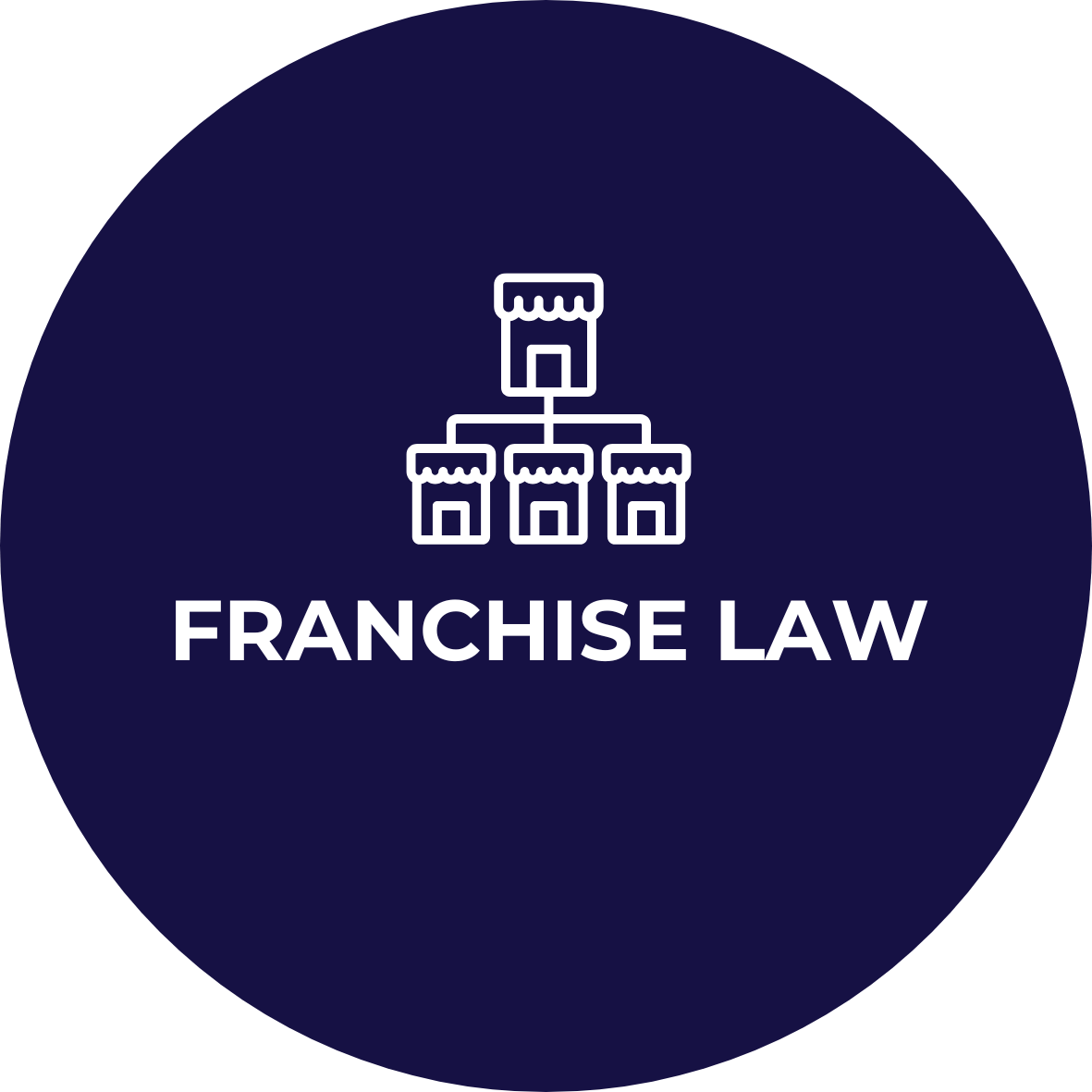 Icon of interconnected storefronts above the text 'FRANCHISE LAW' on a dark blue circular background.