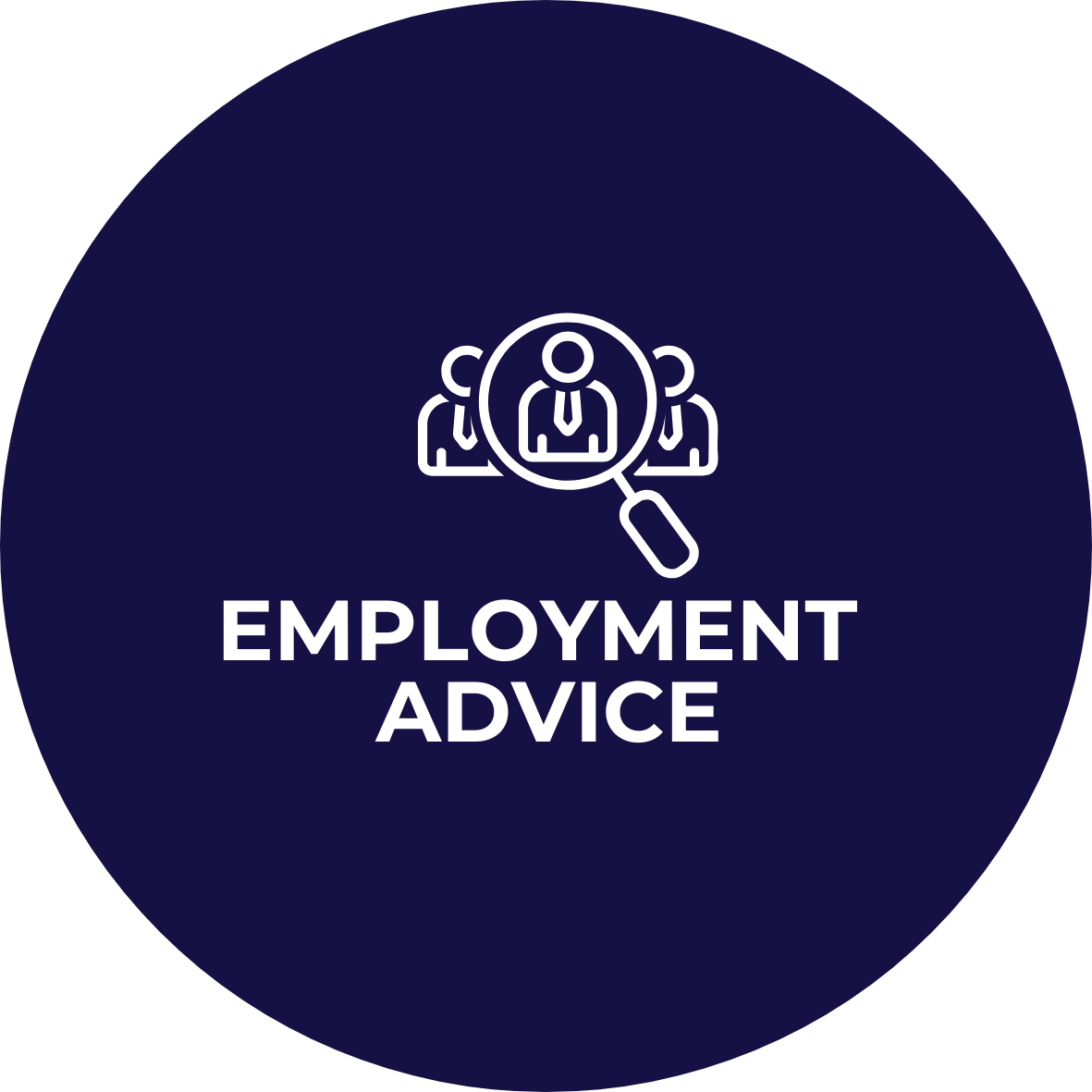 Icon of three people with a magnifying glass highlighting one person, and the words 'Employment Advice' below.