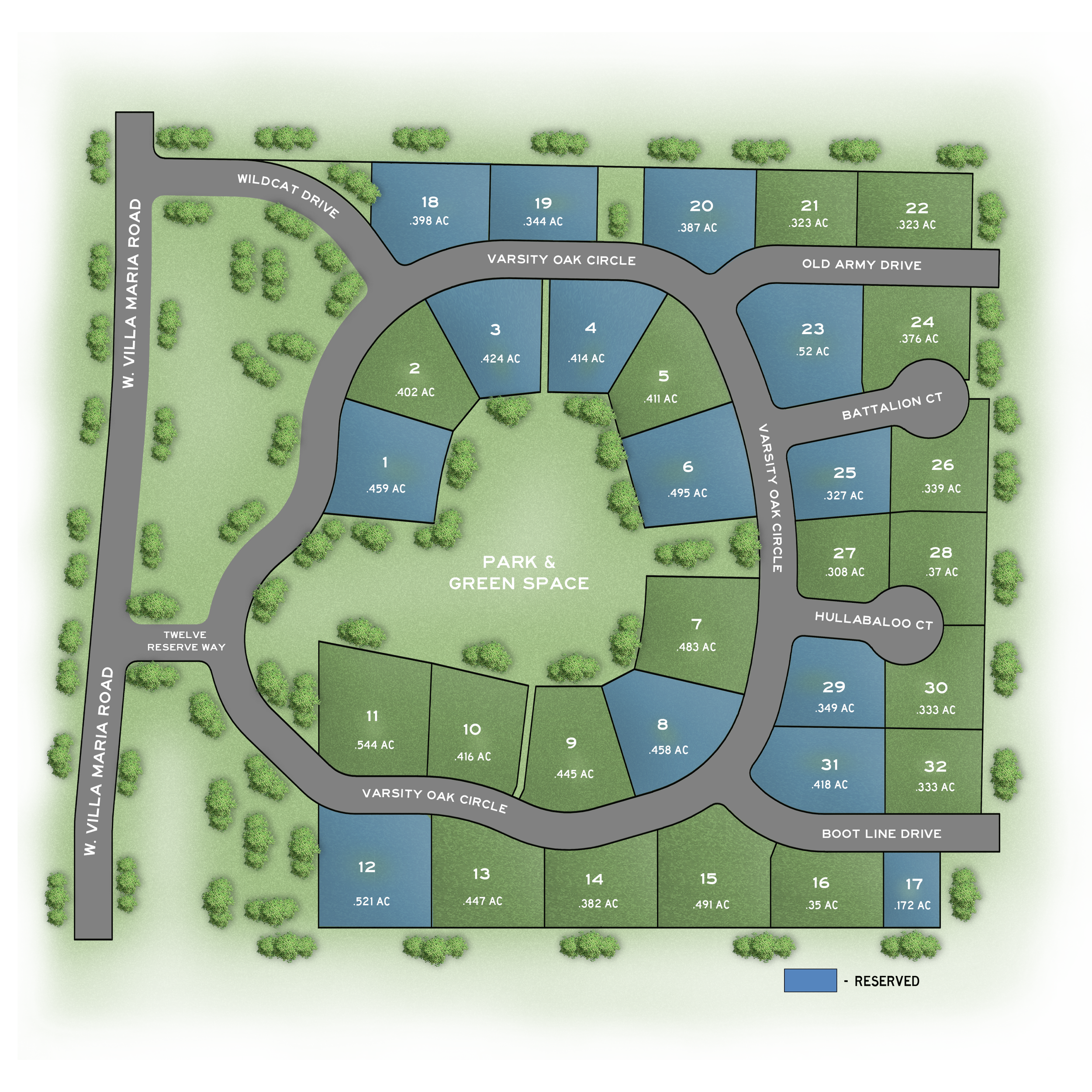 Twelve Oaks Reserve Phase One property map with 32 homesites