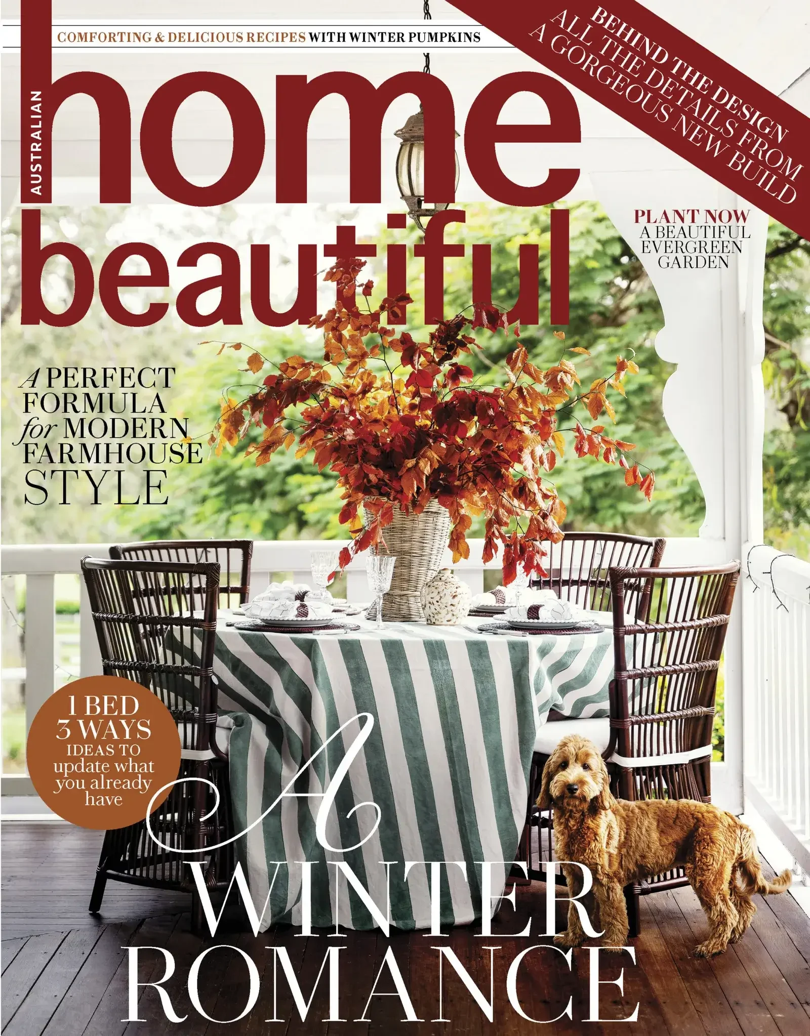 Home Beautiful August 2026 cover featuring a cozy screened porch with a round table covered with a green and white striped tablecloth, set for dining with glassware and plates.