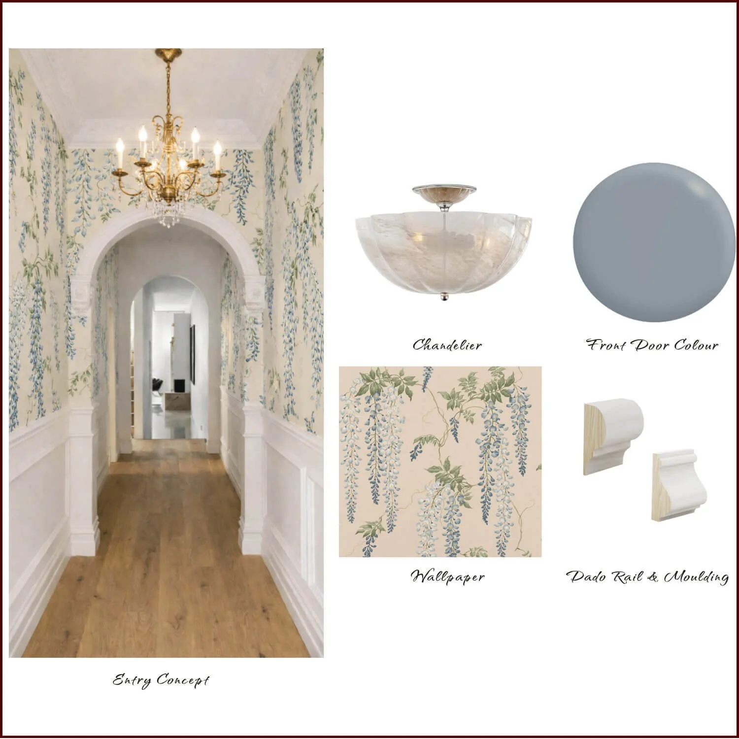 A hallway with floral wallpaper featuring cascading blue and green flowers, a gold chandelier, and wooden flooring, leading to a room with a couch and artwork.