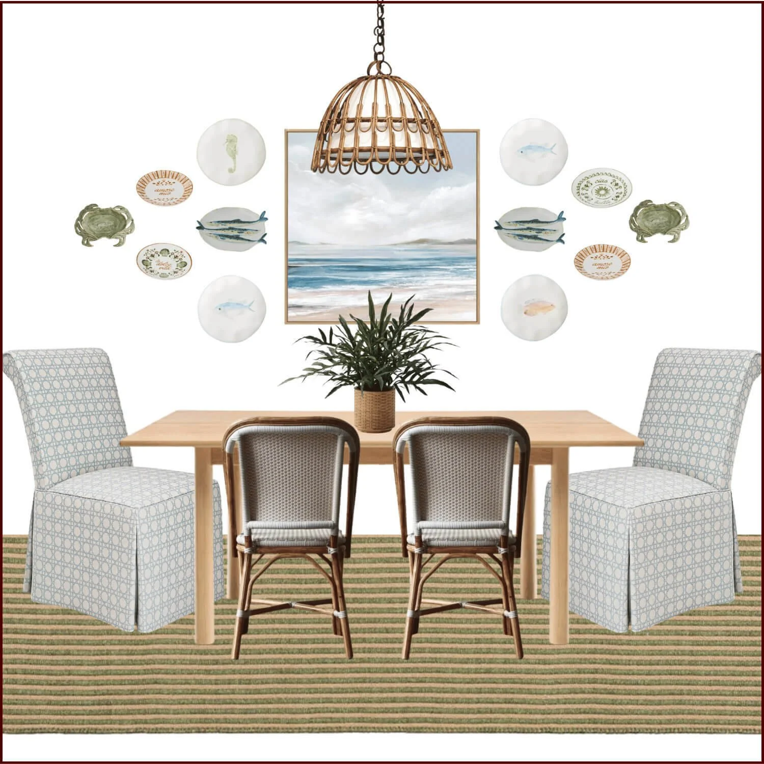 Dining room with a wooden table, six chairs, a potted plant, hanging wicker light fixture, striped rug, and seaside-themed wall art.