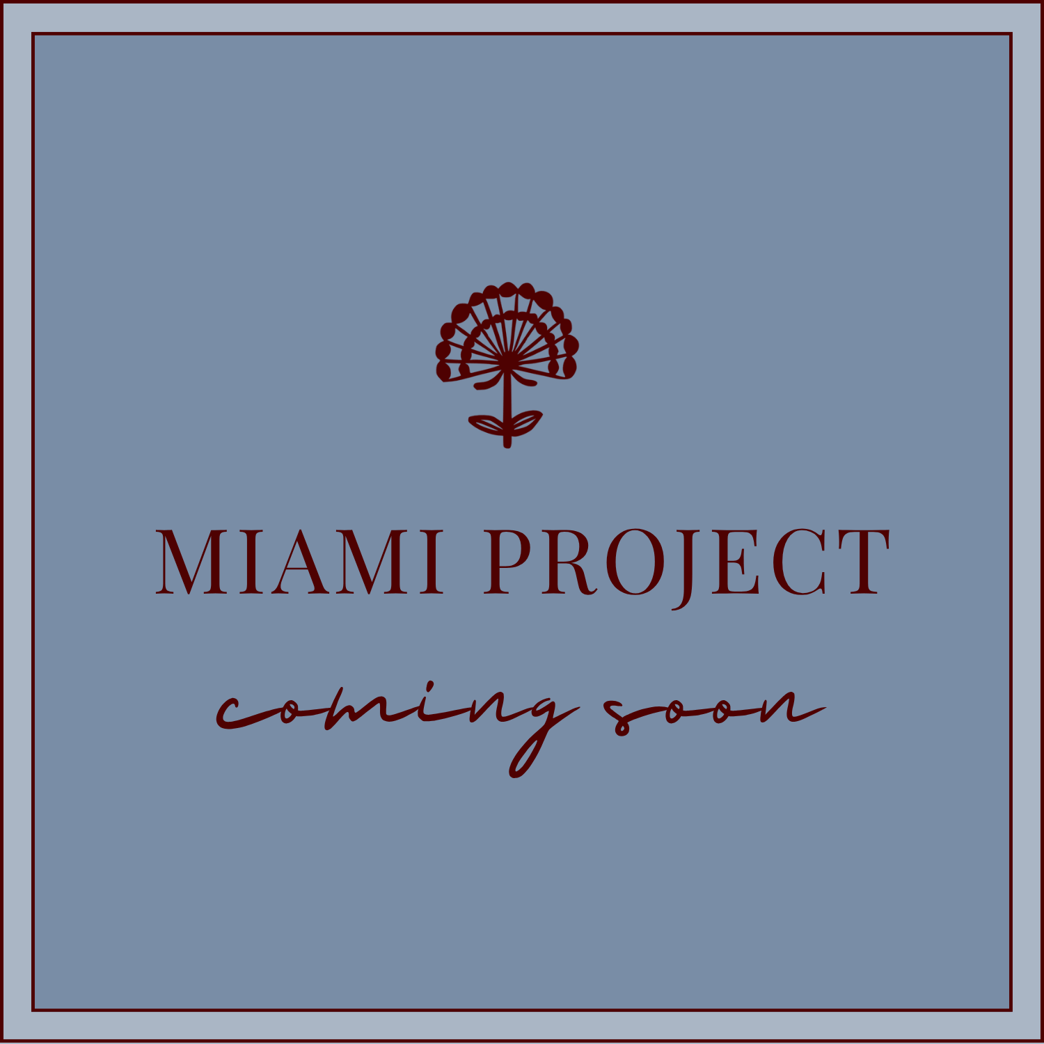 A cover image with a light blue background, dark red border and text that reads "Miami Project" with a flower-like logo above and the words "coming soon" below.