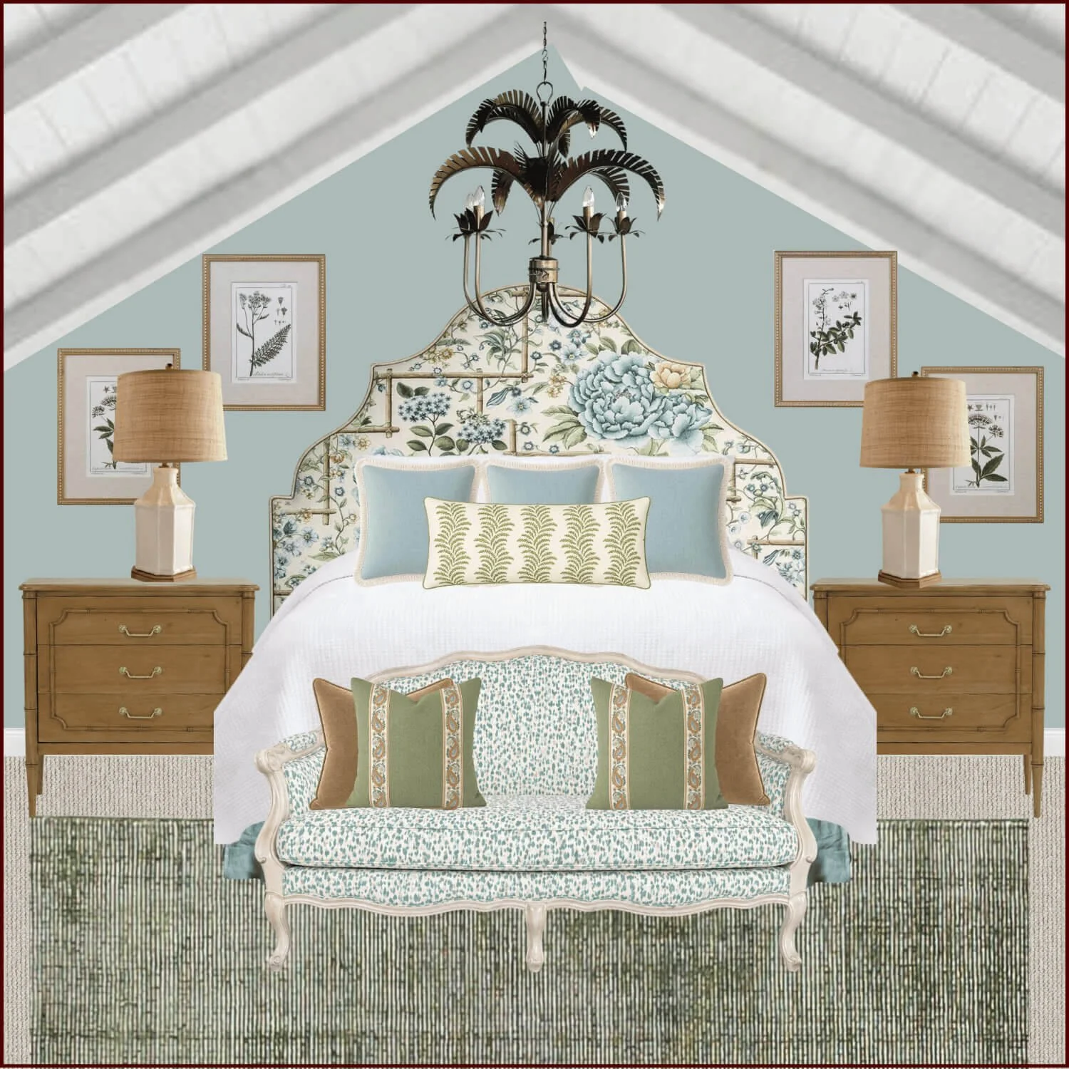 A bedroom with a floral upholstered headboard, light blue and green pillows, and a cream loveseat with matching pillows. Two wooden bedside tables with beige lamps and framed botanical prints hang on a pale blue wall. A black chandelier with leaf-shaped details hangs from the ceiling.