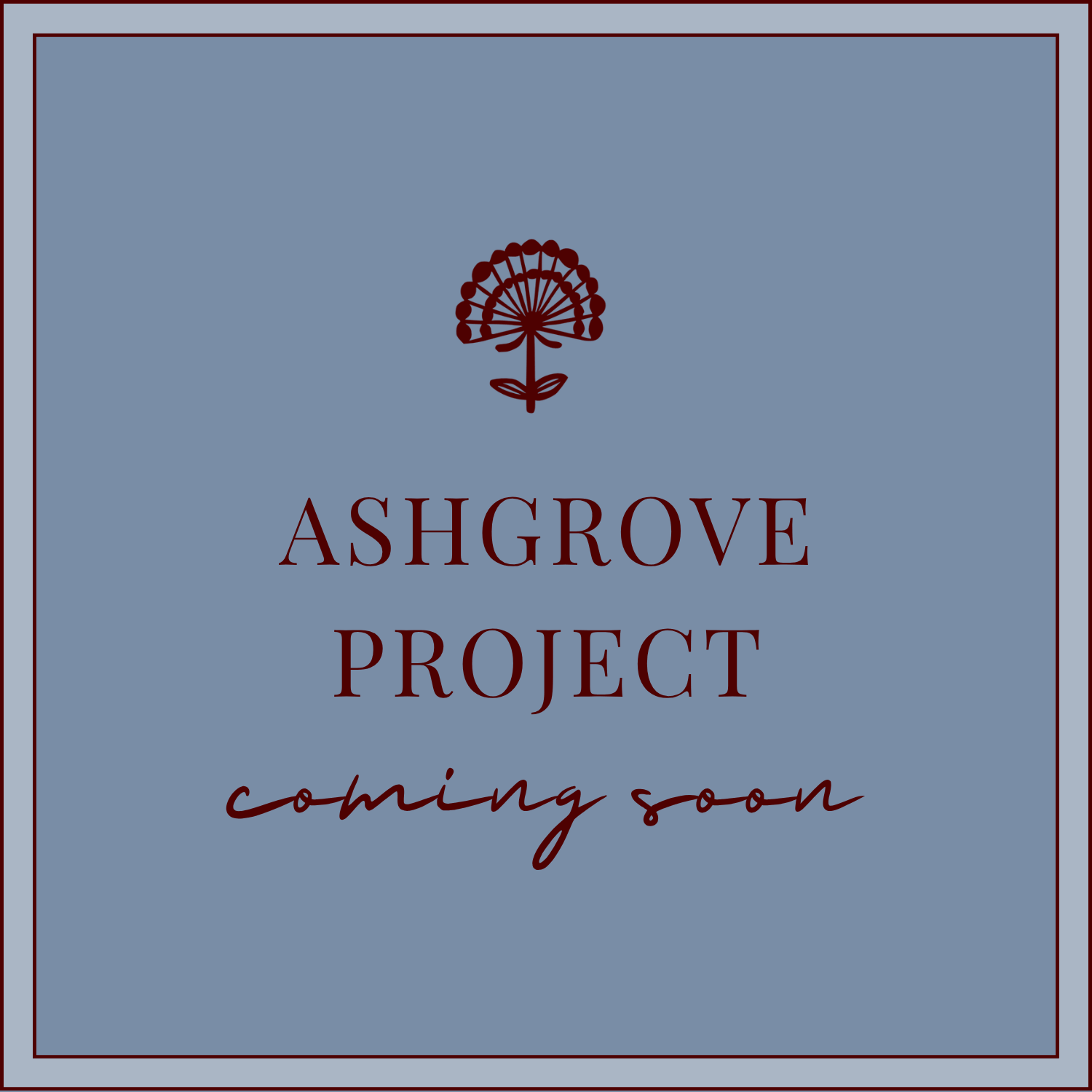 A cover graphic for the Ashgrove Project with a blue background, featuring a flower logo at the top and text indicating the project is 'coming soon'.